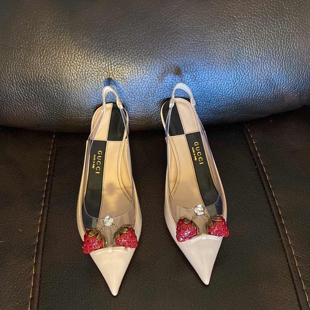 Gucci women’s crystal embellished cherry GG logo sling back pumps heels NWB - Picture 7 of 13